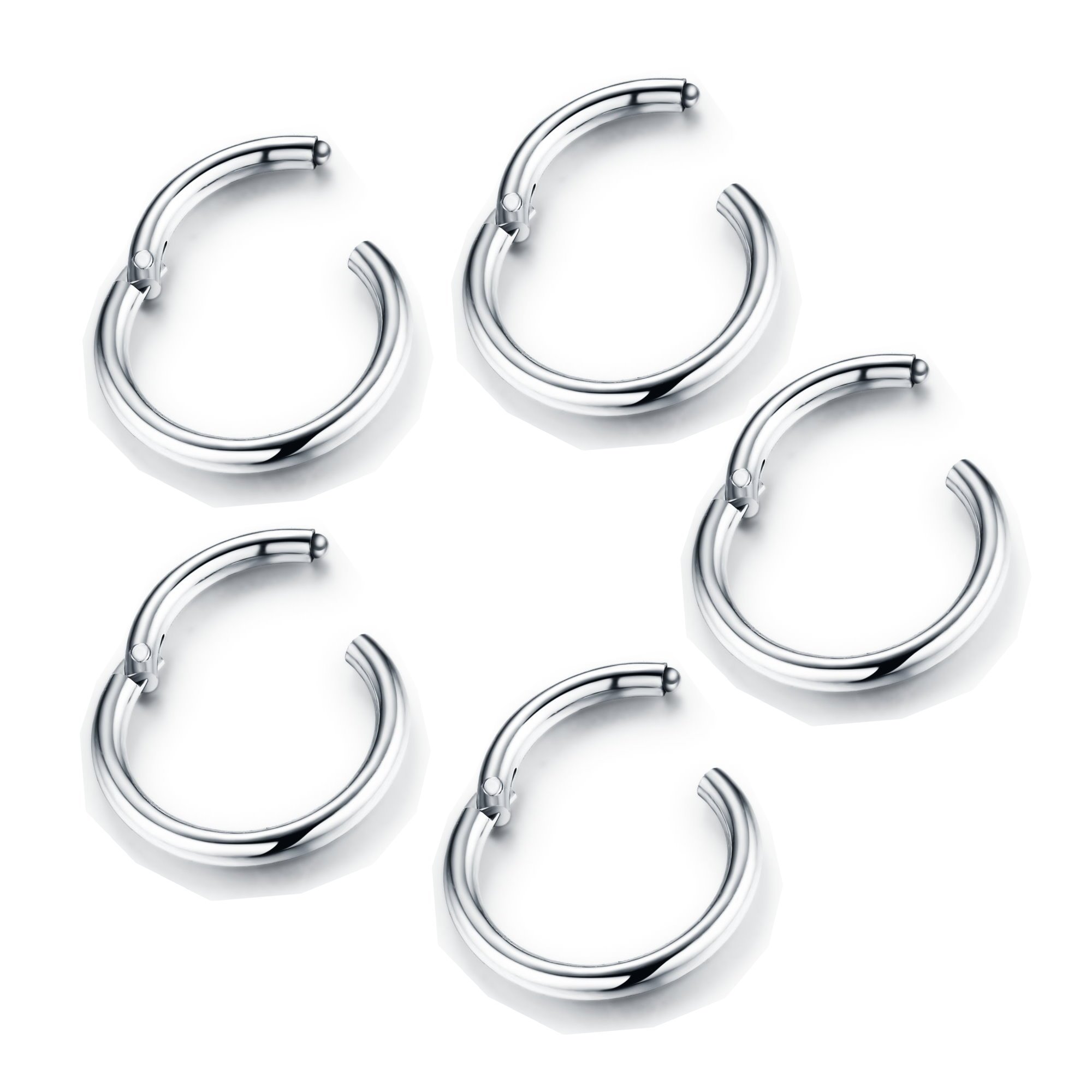 5Pcs Stainless Steel 16G Sleeper Earrings for Women Men Boys Septum Hinged Clicker Nose Lip Ring Helix Daith Cartilage Tragus Piercings Hypoallergenic Sensitive Ears Jewelry (8mm in silver-16G)