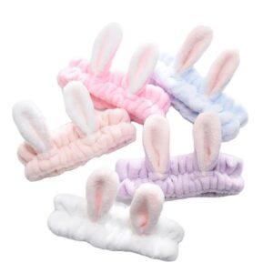 lovef 5pcs bunny ear cosmetic headband fashion cute fluffy elastic makeup headband hairband for shower, face washing, facial mask, spa, cosplay, party