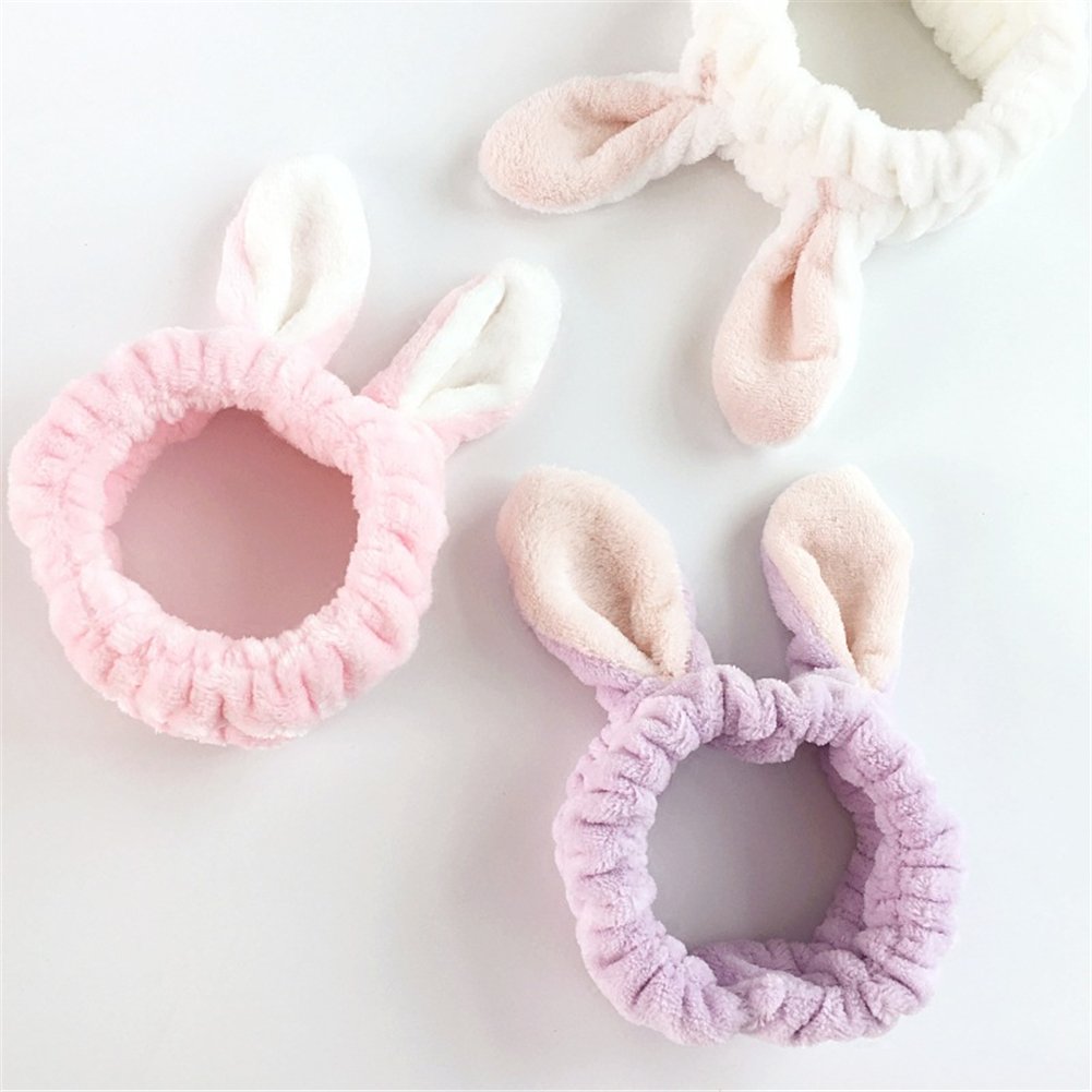 LOVEF 5Pcs Bunny Ear Cosmetic Headband Fashion Cute Fluffy Elastic Makeup Headband Hairband for Shower, Face Washing, Facial Mask, Spa, Cosplay, Party