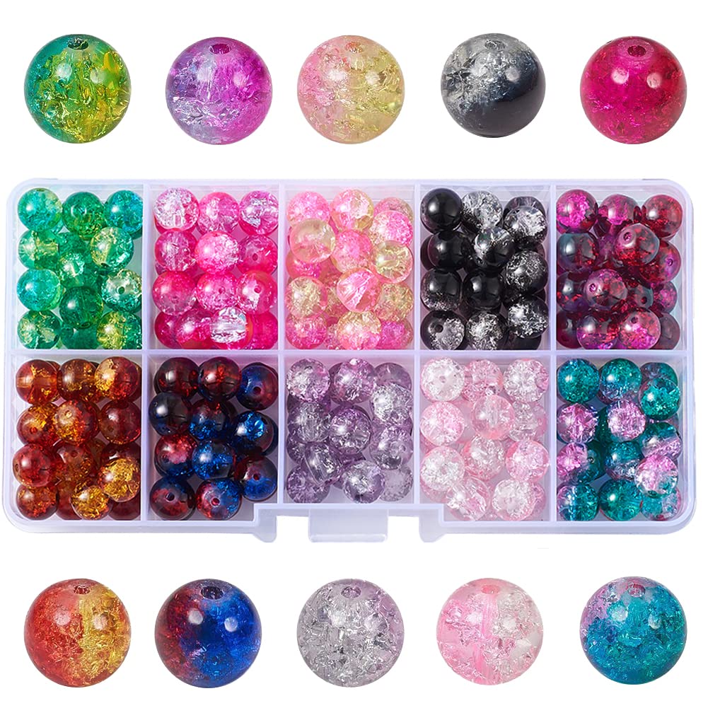 KISSITTY 8mm Crackle Glass Crystal Beads 10 Colors Two Tone Transparent Crackle Glass Loose Round Beads for DIY Jewelry Pen Sun Catchers Making About 200pcs/box