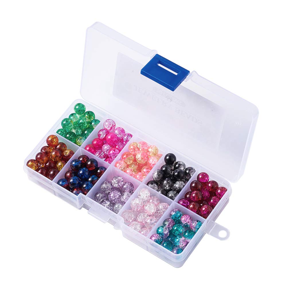 KISSITTY 8mm Crackle Glass Crystal Beads 10 Colors Two Tone Transparent Crackle Glass Loose Round Beads for DIY Jewelry Pen Sun Catchers Making About 200pcs/box