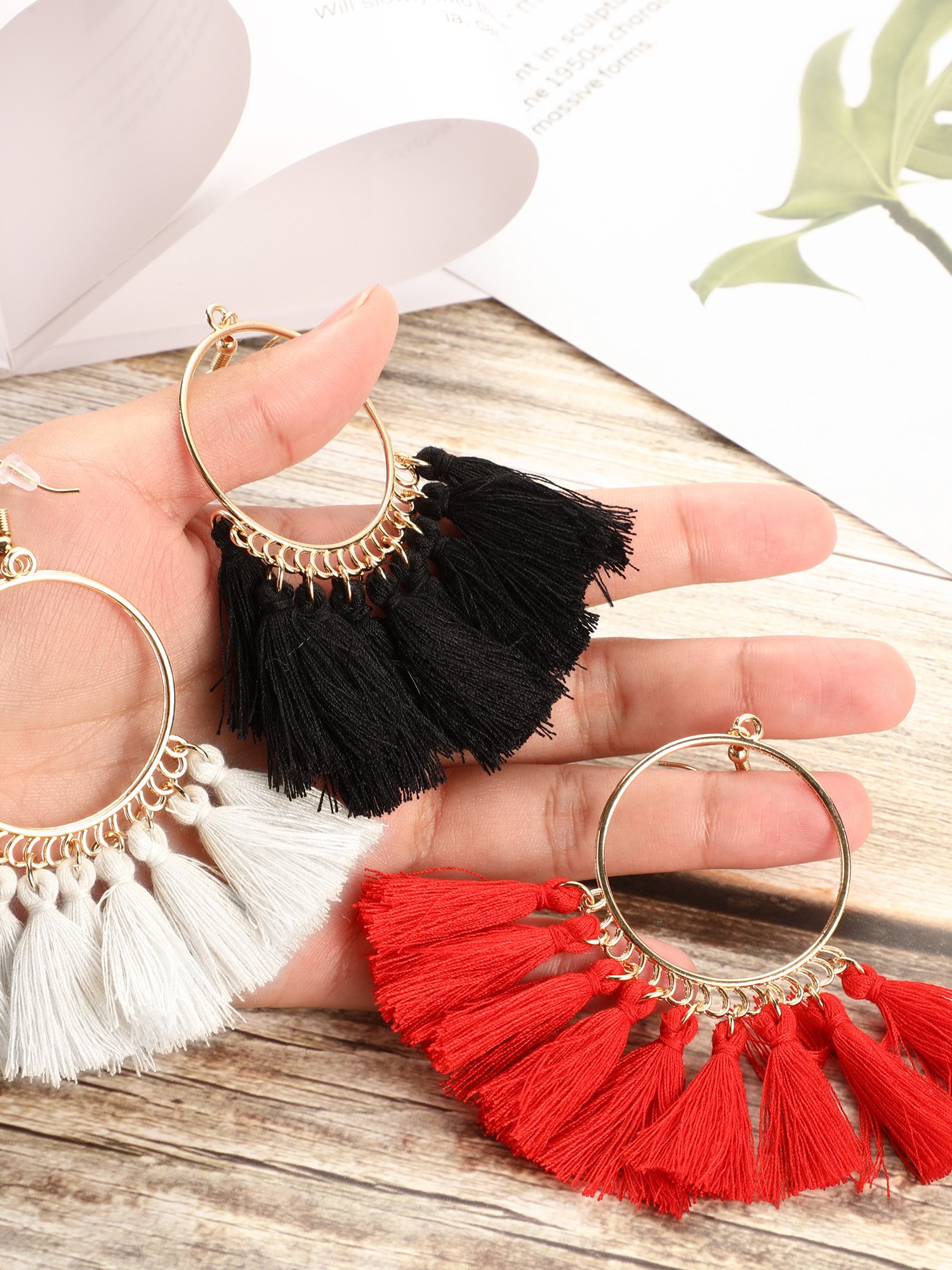 Gejoy Tassel Hoop Earrings Fan-shaped Drop Earrings Dangle Eardrop for Women Party Bohemia Dress Accessory, 3 Pairs