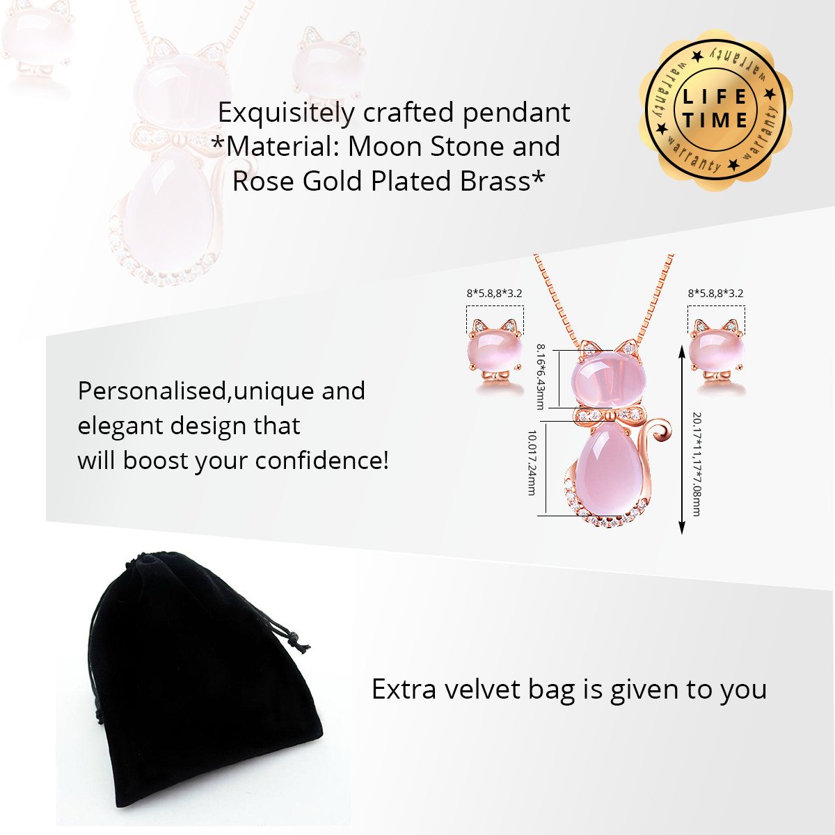 Uloveido Cute Cat Shape Light Pink Crystal Jewelry Set for Women, Studs Earrings and Pendant Necklace for Her Y404