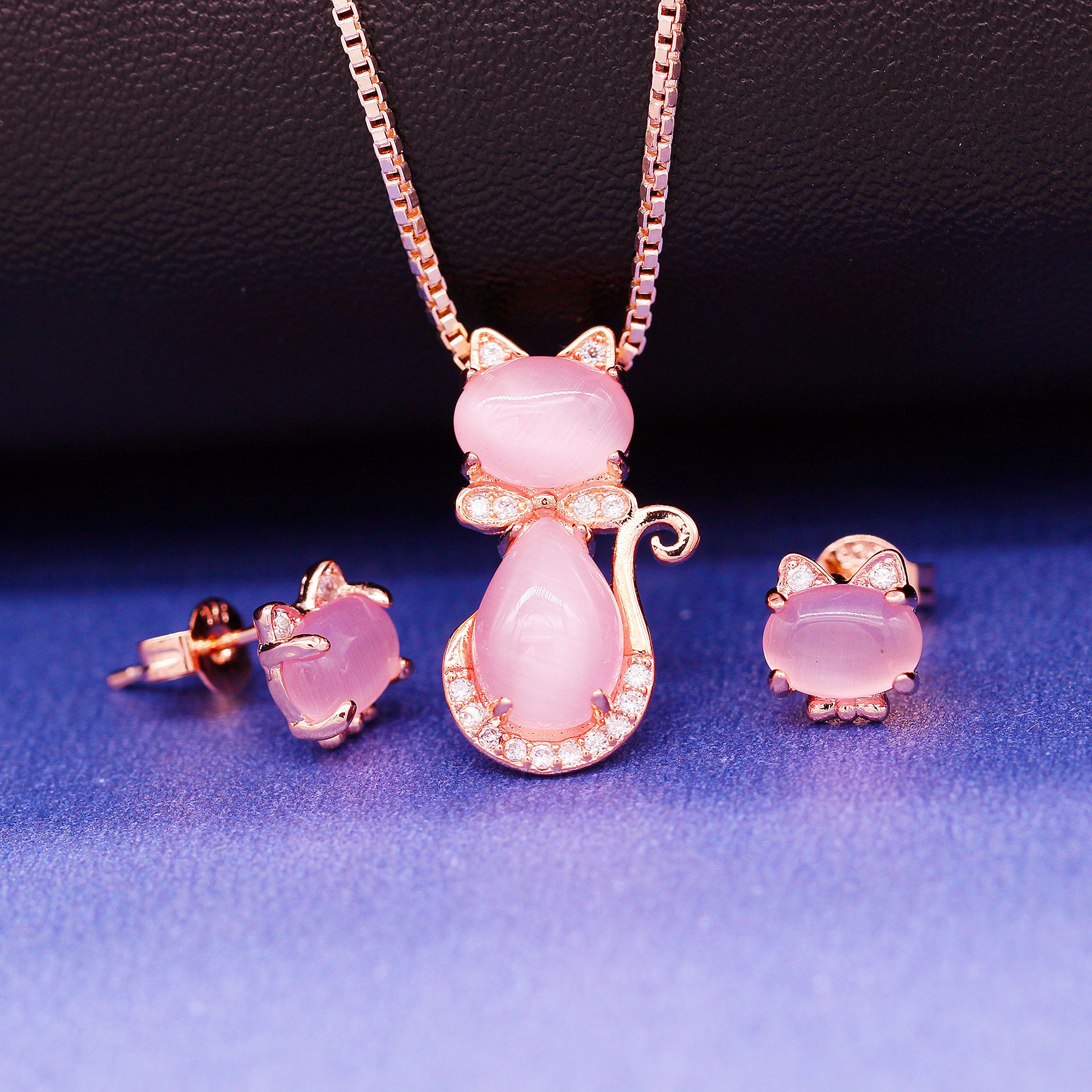 Uloveido Cute Cat Shape Light Pink Crystal Jewelry Set for Women, Studs Earrings and Pendant Necklace for Her Y404