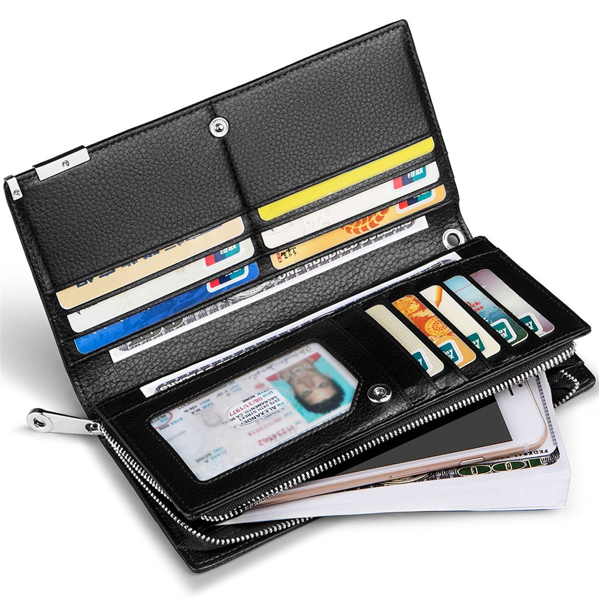 Huztencor Long Wallets for Men Leather RFID Blocking Wallet Bifold Slim Credit Card Holder Zip Around Wallet Purse with Zipper Strap Black