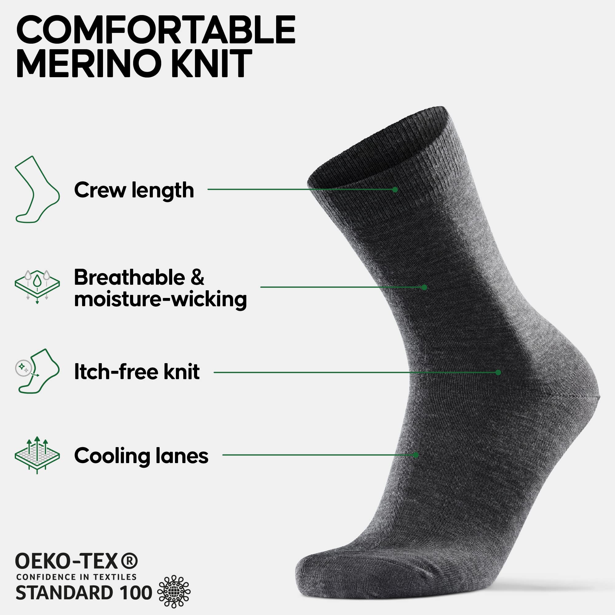 DANISH ENDURANCE 3-Pack Merino Wool Dress Socks, Breathable & Sweat-Wicking Crew Socks for Men & Women, Grey, US Women 11-13 // US Men 9.5-12.5