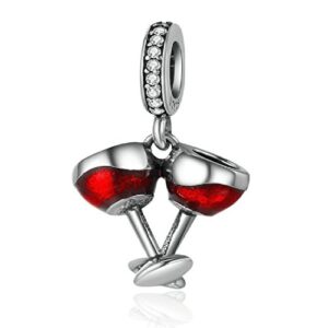 Love Heart Authentic Original 100% 925 Sterling Silver Charm Bead Beautiful Crystal Bow Charms Fit Pandora Charms Bracelet Women Necklace Pendant Jewelry … (Red Wine Lover Glass Cup)