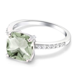 Gem Stone King 2.17 Cttw Green Prasiolite Engagement Ring For Women In 925 Sterling Silver | Cushion Cut 8MM | Gemstone Birthstone | Available in Size 5, 6, 7, 8, 9