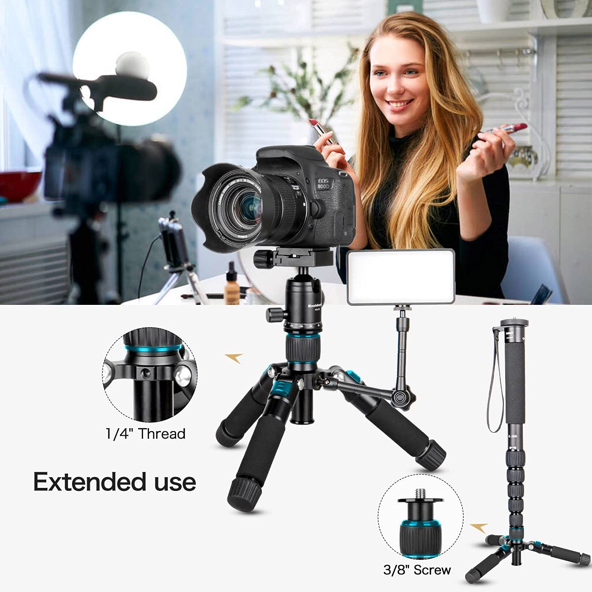 Koolehaoda Portable Mini Tripod Aluminum Alloy Tabletop Tripod Height 20 inch / 51cm with 360 Degree Ball Head and Bag for DSLR Camera, Video Camcorder.Load up to 11lbs / 5kg - (Blue)