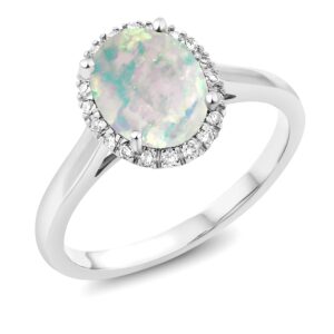 gem stone king 10k white gold white simulated opal and diamond engagement ring for women (0.60 cttw, oval cabochon 9x7mm) (size 7)