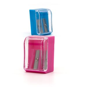 Emraw Dual Blade Square Sharpener with Receptacle to Catch Shavings for Regular/Oversize Pencils & Crayons Designed in Blue, Green, Pink & Black Plastic – Great for School, Home & Office (8 pack)