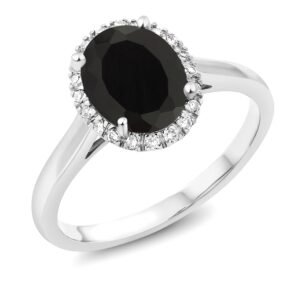 gem stone king 10k white gold black onyx and diamond halo engagement ring | 2.14 cttw | oval 9x7mm | gemstone birthstone | wedding anniversary promise ring for women (size 7)