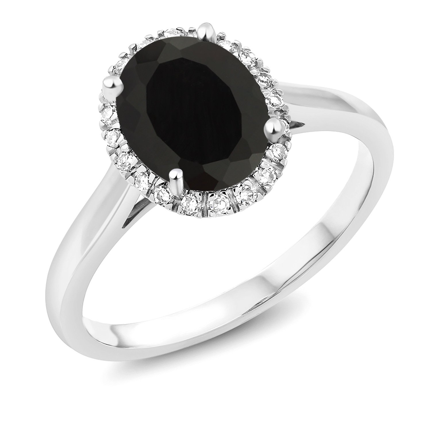 Gem Stone King 10K White Gold Black Onyx and Diamond Halo Engagement Ring | 2.14 Cttw | Oval 9X7MM | Gemstone Birthstone | Wedding Anniversary Promise Ring For Women (Size 7)