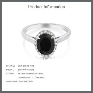 Gem Stone King 10K White Gold Black Onyx and Diamond Halo Engagement Ring | 2.14 Cttw | Oval 9X7MM | Gemstone Birthstone | Wedding Anniversary Promise Ring For Women (Size 7)