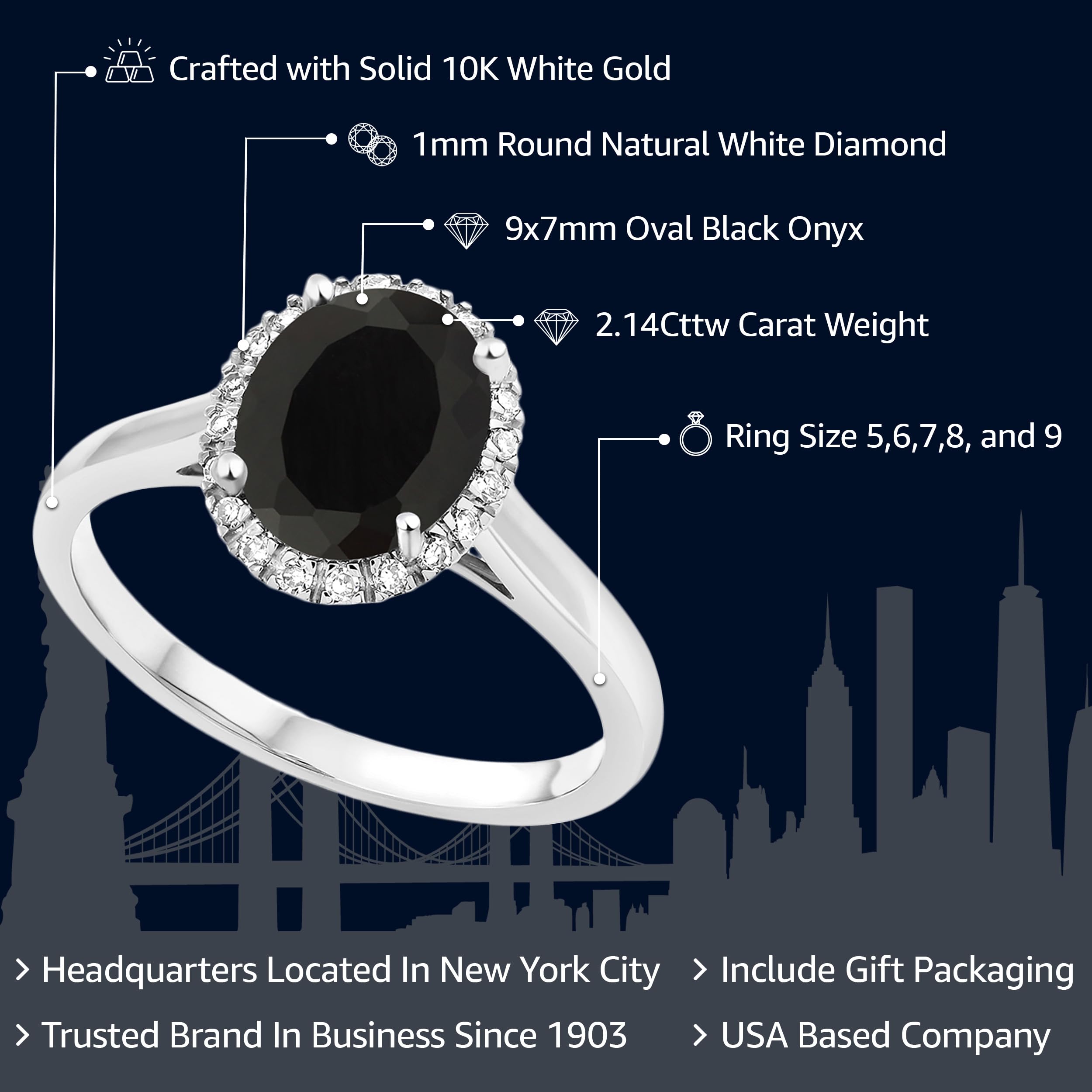 Gem Stone King 10K White Gold Black Onyx and Diamond Halo Engagement Ring | 2.14 Cttw | Oval 9X7MM | Gemstone Birthstone | Wedding Anniversary Promise Ring For Women (Size 7)