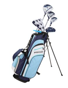 precise m3 ladies womens complete golf clubs set includes driver, fairway, hybrid, 7-pw irons, putter, stand bag, 3 h/c's blue - regular or petite size!