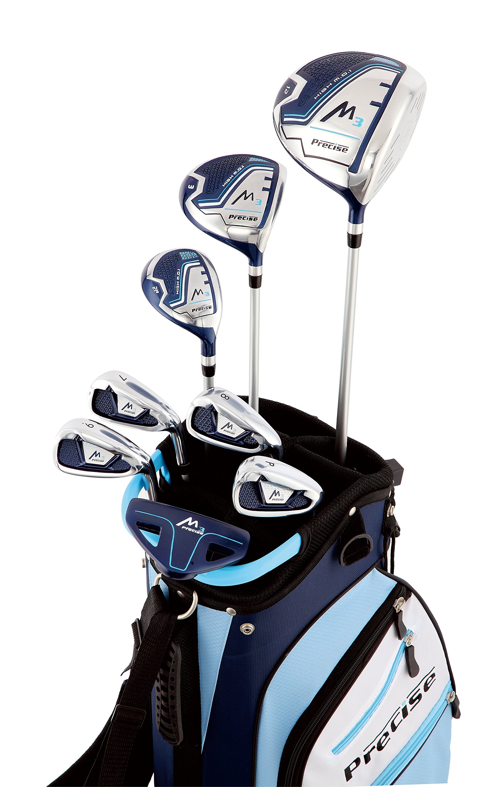 Precise M3 Ladies Womens Complete Golf Clubs Set Includes Driver, Fairway, Hybrid, 7-PW Irons, Putter, Stand Bag, 3 H/C's Blue - Regular or Petite Size!