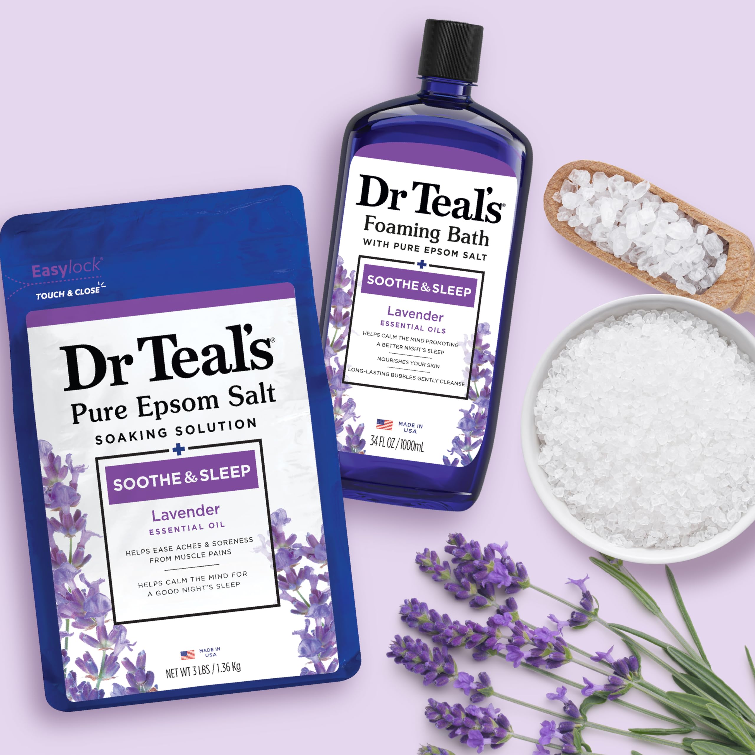 Dr Teal's Epsom Salt Soaking Solution and Foaming Bath with Pure Epsom Salt Combo Pack, Lavender (Packaging May Vary)