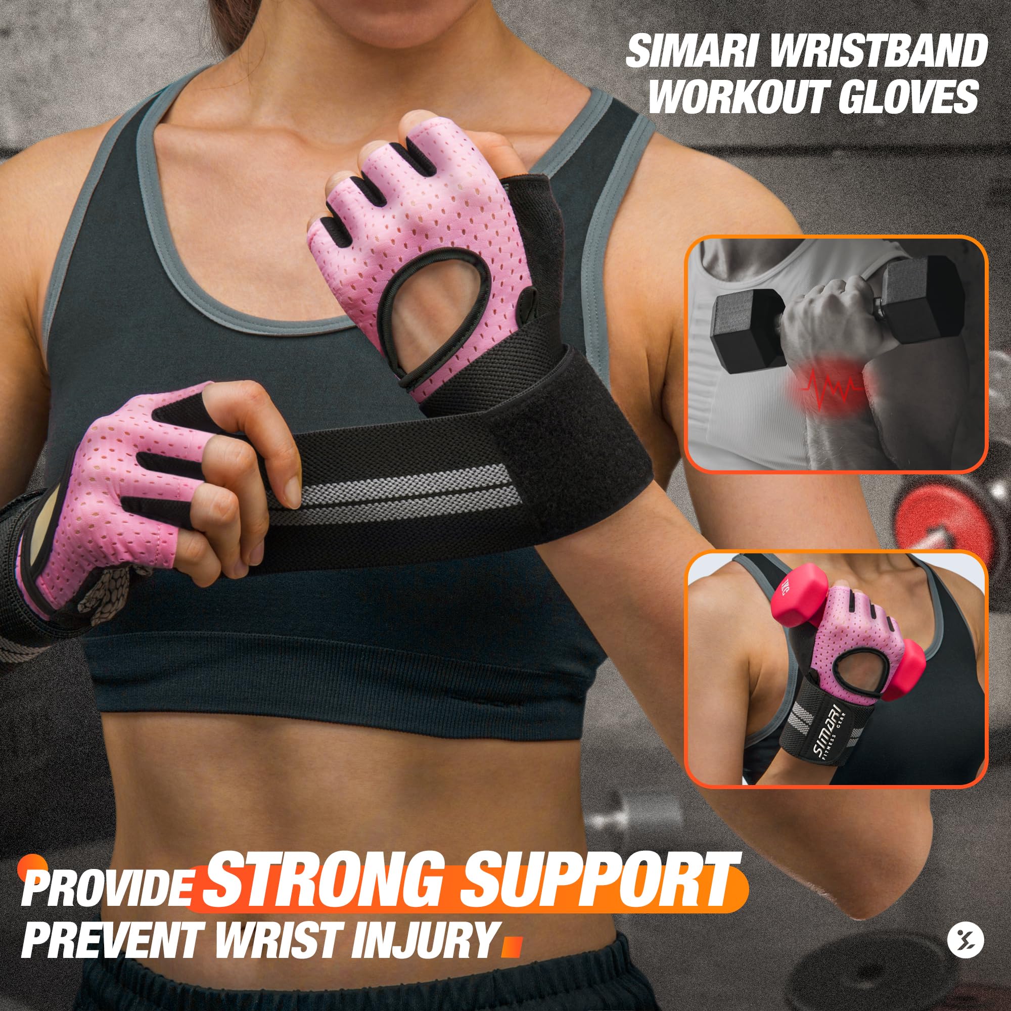 SIMARI Breathable Workout Gloves for Women Men, Padded Weight Lifting Gloves with Wrist Wraps Support, Full Palm Protection, Grip for Gym Training, Fitness, Weightlifting, Exercise Fingerless Pink