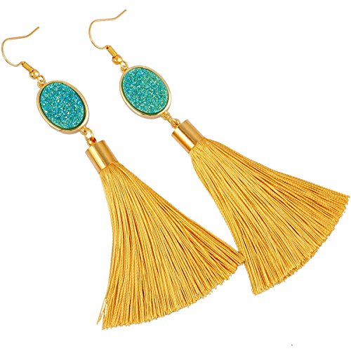 SUNYIK Bohemia Crystal Druzy Dangle Earrings for Women,with Thread Tassel,Oval Teal Blue