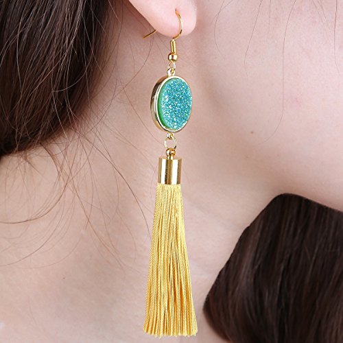 SUNYIK Bohemia Crystal Druzy Dangle Earrings for Women,with Thread Tassel,Oval Teal Blue