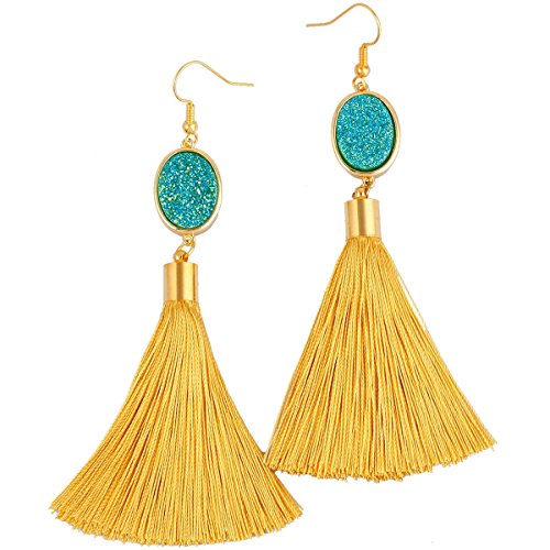 SUNYIK Bohemia Crystal Druzy Dangle Earrings for Women,with Thread Tassel,Oval Teal Blue