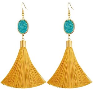 SUNYIK Bohemia Crystal Druzy Dangle Earrings for Women,with Thread Tassel,Oval Teal Blue