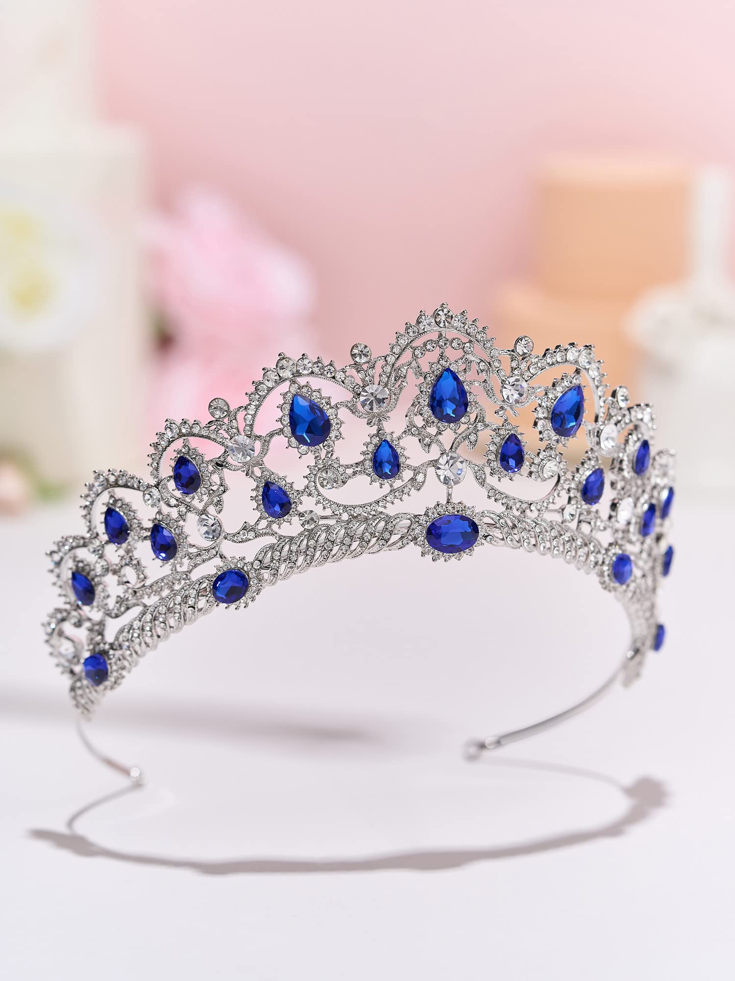 SWEETV Crystal Wedding Tiara for Bride Rhinestone Princess Crown for Women, Olivia Quinceanera Crown Bridal Costume Jewelry Hair Accessories, Blue