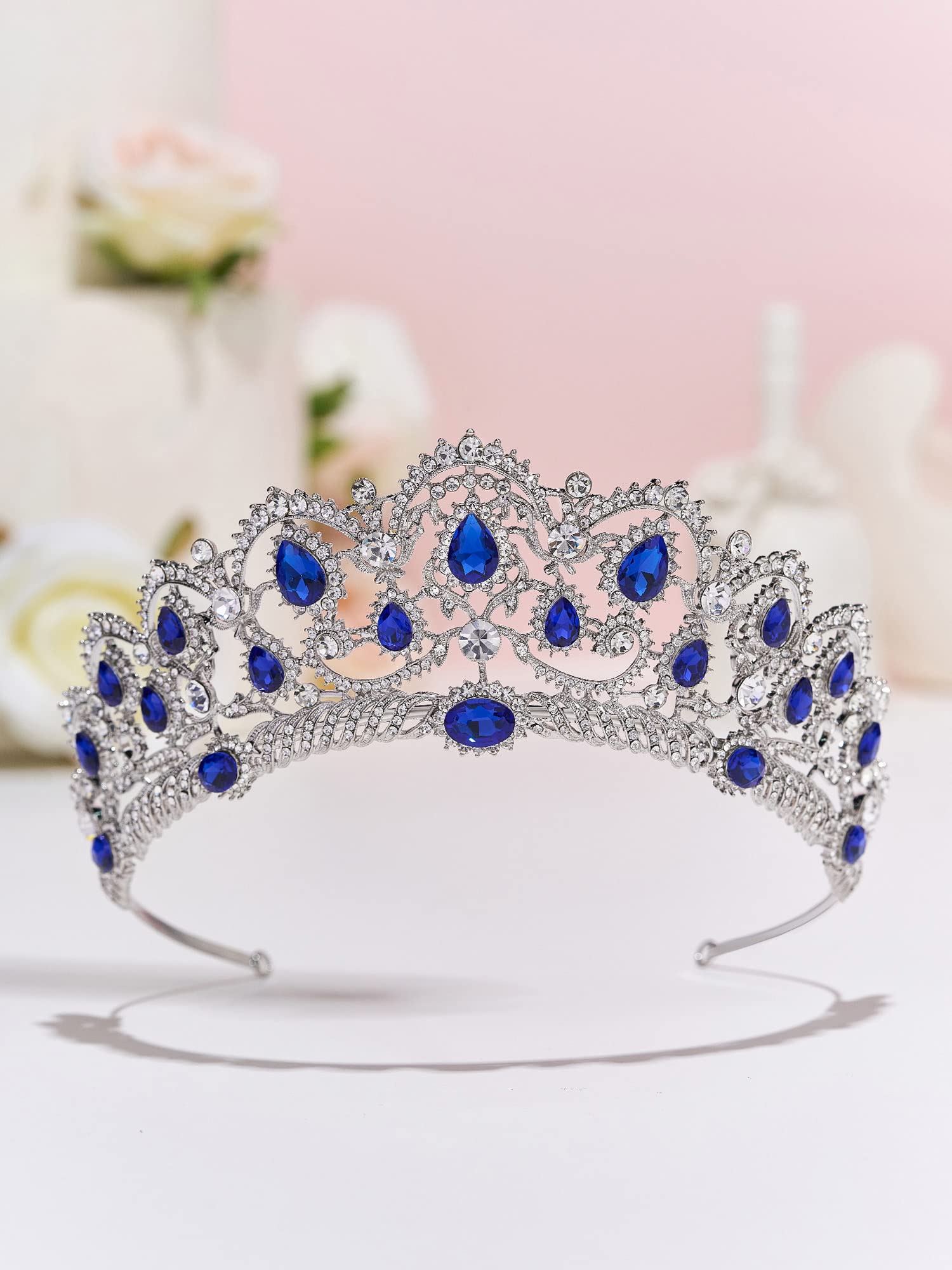 SWEETV Crystal Wedding Tiara for Bride Rhinestone Princess Crown for Women, Olivia Quinceanera Crown Bridal Costume Jewelry Hair Accessories, Blue