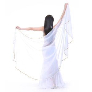 showyou 98.43" x 47.24" lightweight semicircle chiffon veil belly dance scarf blue veil scarf shawls trimed gold sequence (white)