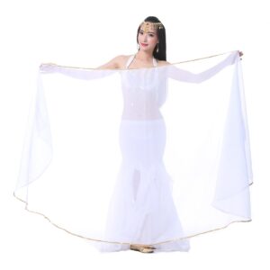 SHOWYOU 98.43" x 47.24" Lightweight Semicircle Chiffon Veil Belly Dance Scarf Blue Veil Scarf Shawls Trimed Gold Sequence (WHITE)