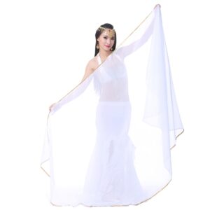 SHOWYOU 98.43" x 47.24" Lightweight Semicircle Chiffon Veil Belly Dance Scarf Blue Veil Scarf Shawls Trimed Gold Sequence (WHITE)