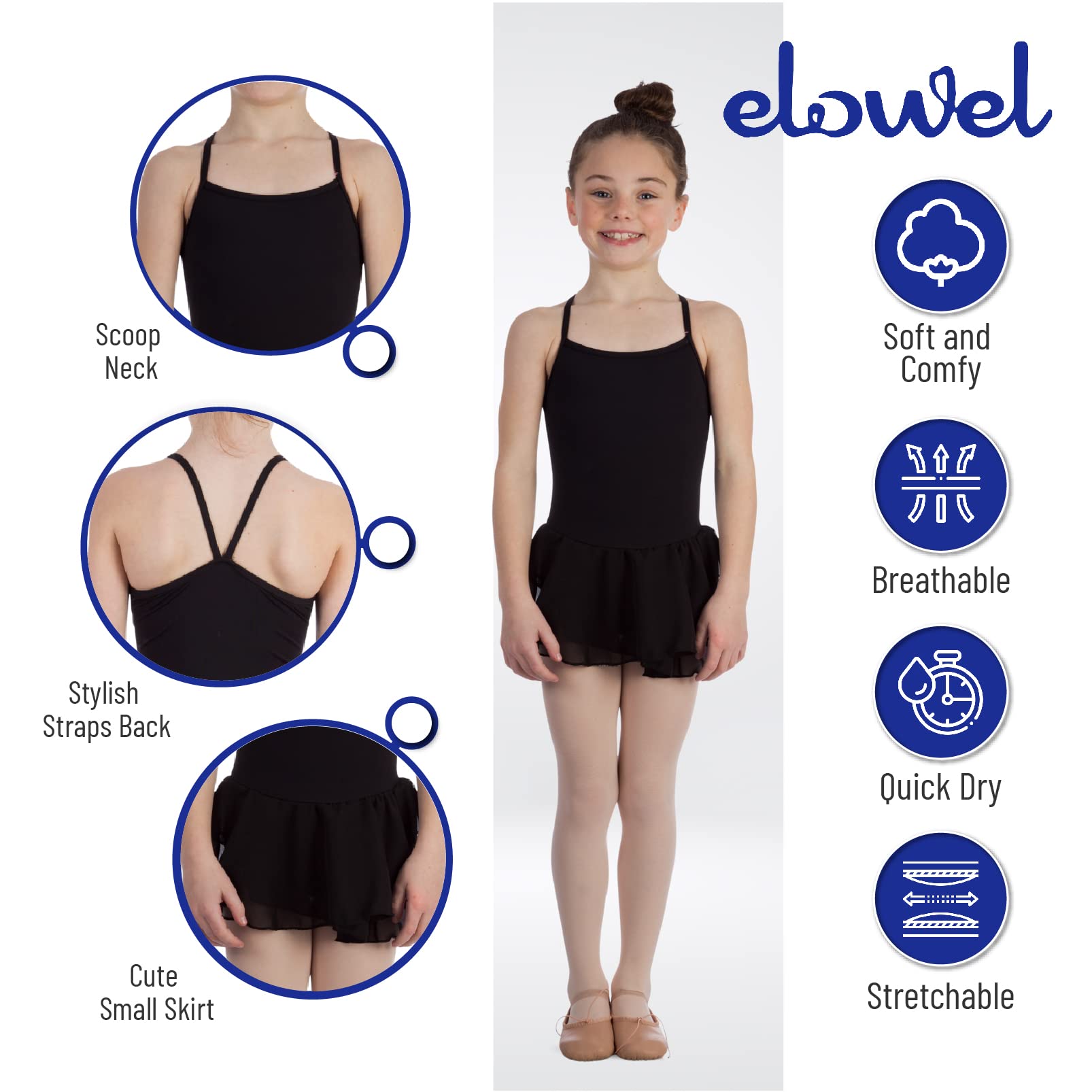 Elowel Basic Skirted Camisole Girls Gymnastics Leotards – Dance Leotard for Ballet, Cheerleading, Exercise, Costumes – Black Leotard for Girls - Size 2-14 Years