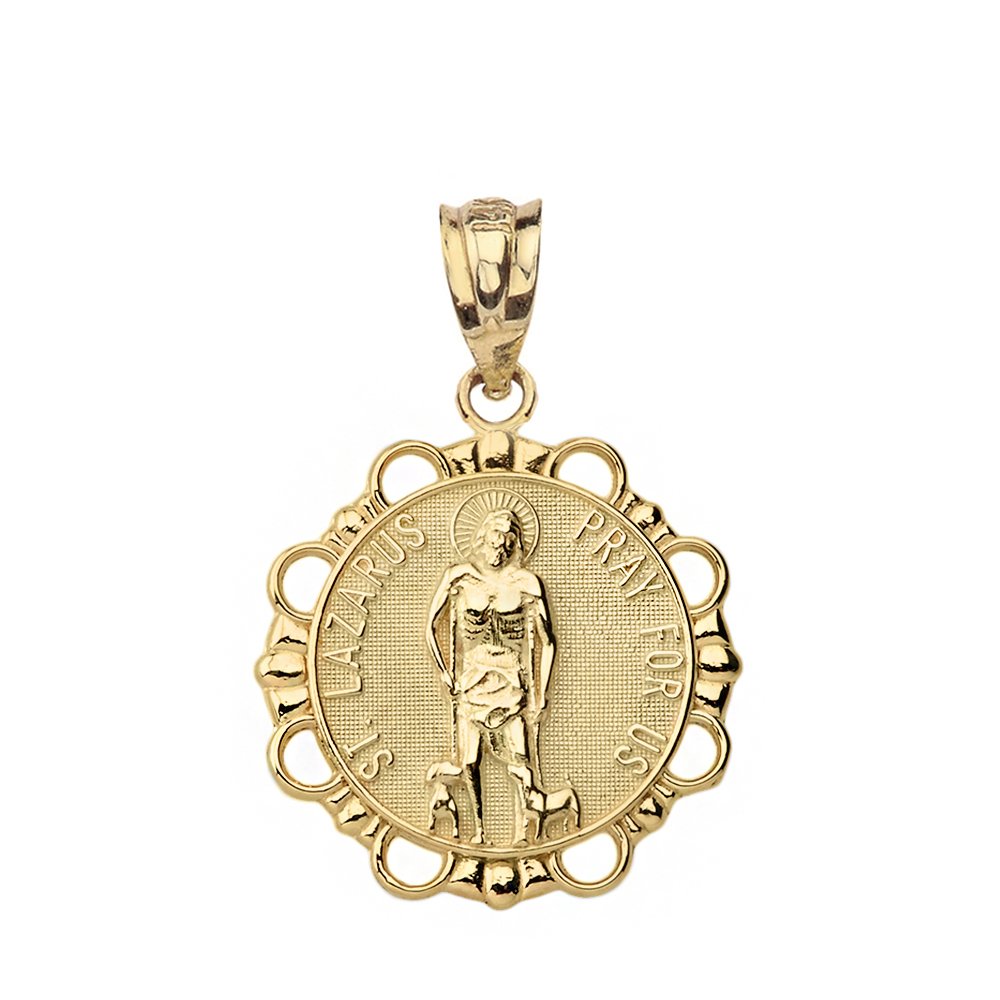 Saint Collection 14k Yellow Gold St Lazarus Pray For Us Religious Round Medal Pendant