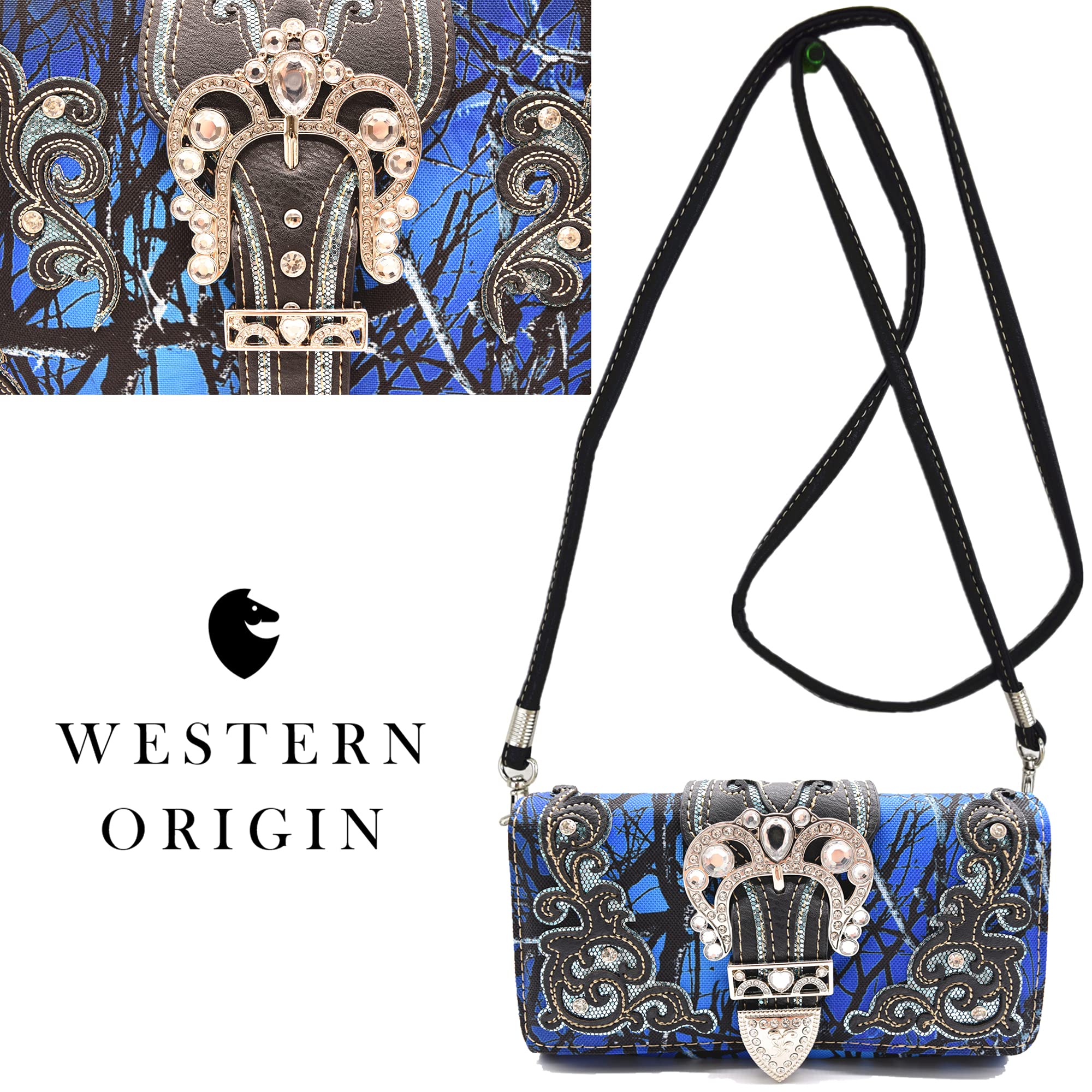 Camouflage Crown Buckle Western Style Purse Floral Shine Glow Country Handbag Women Shoulder Bag Crossbody Wallet Set (Blue)