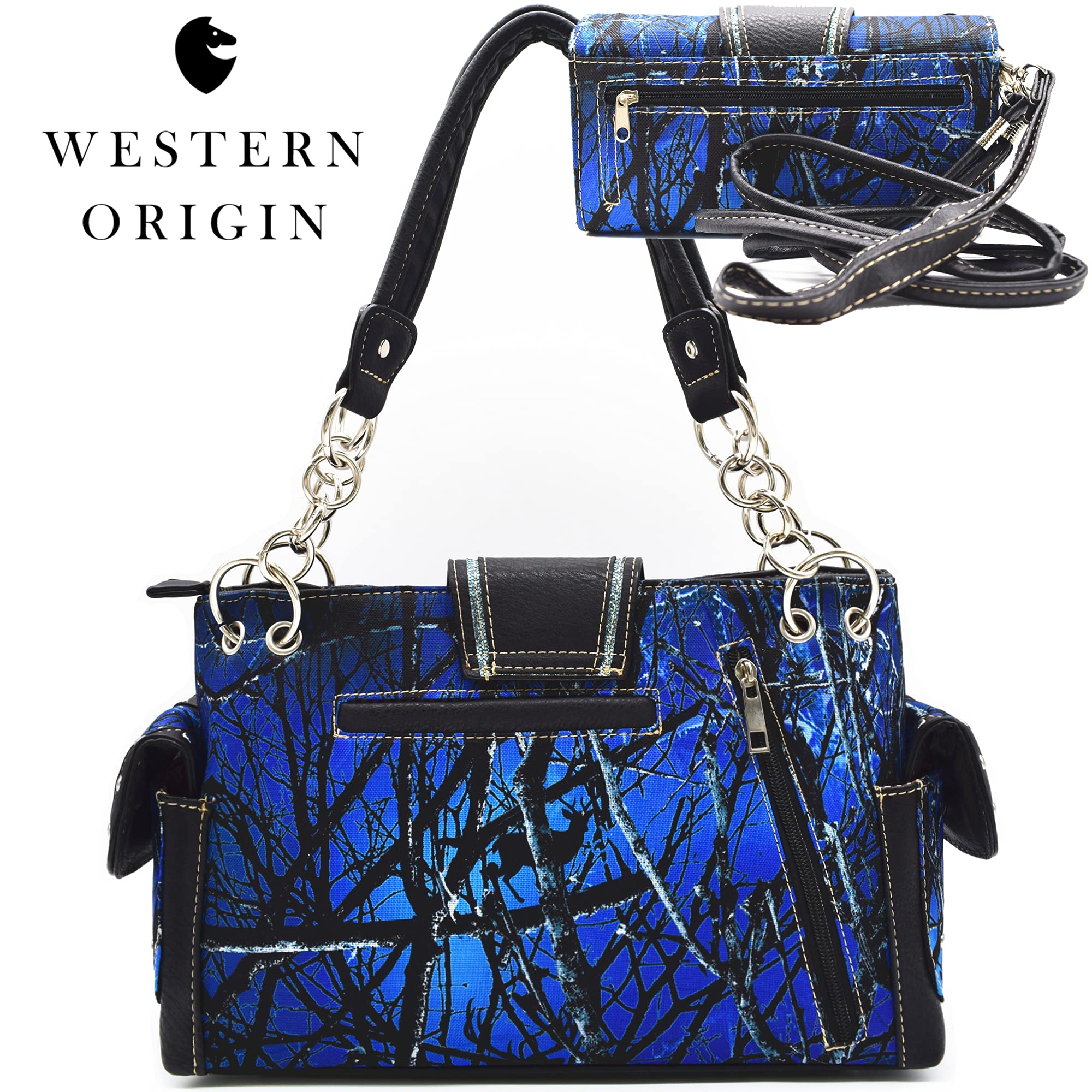 Camouflage Crown Buckle Western Style Purse Floral Shine Glow Country Handbag Women Shoulder Bag Crossbody Wallet Set (Blue)