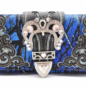 Camouflage Crown Buckle Western Style Purse Floral Shine Glow Country Handbag Women Shoulder Bag Crossbody Wallet Set (Blue)