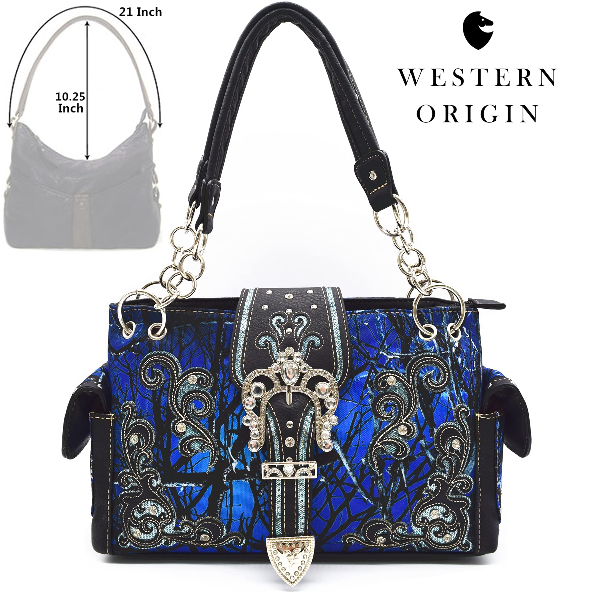 Camouflage Crown Buckle Western Style Purse Floral Shine Glow Country Handbag Women Shoulder Bag Crossbody Wallet Set (Blue)