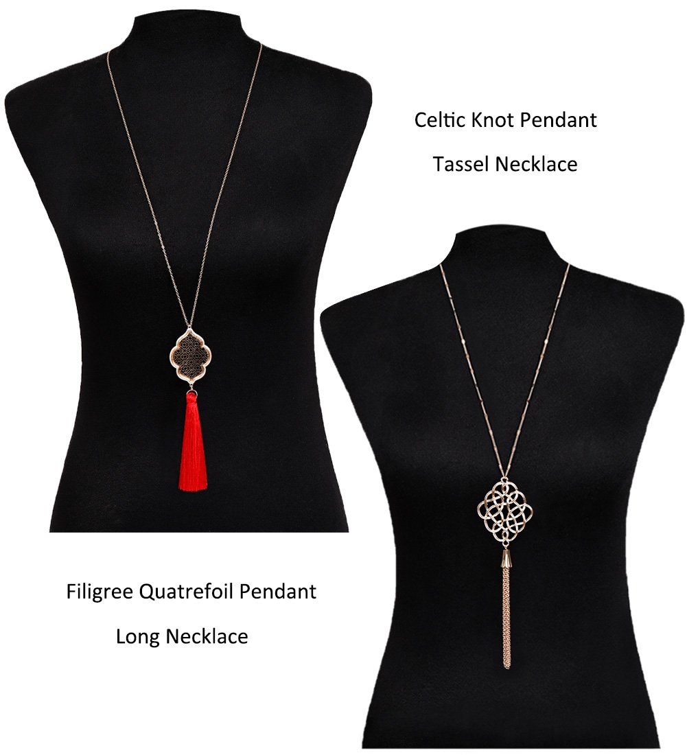 ALEXY 2Pcs Long Chain Pendant Necklace Set, Filigree Quatrefoil and Celtic Knot Pendant Tassel Y Necklaces for Women (B Gold + Gold)