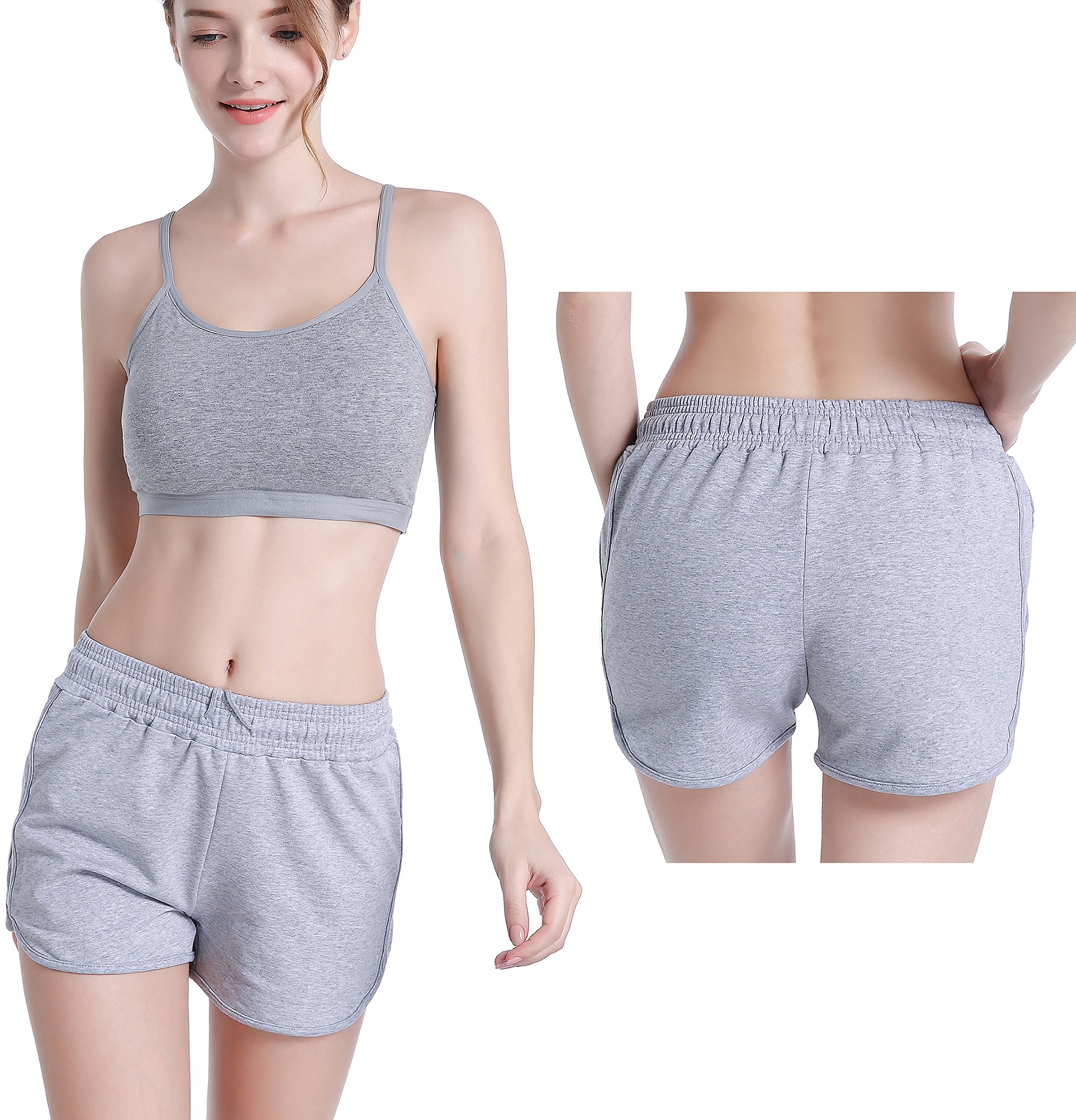 HBY 2 Pack Cotton Yoga Short Women Summer Casual Running Gym Sports Waistband Shorts, M Black/Grey