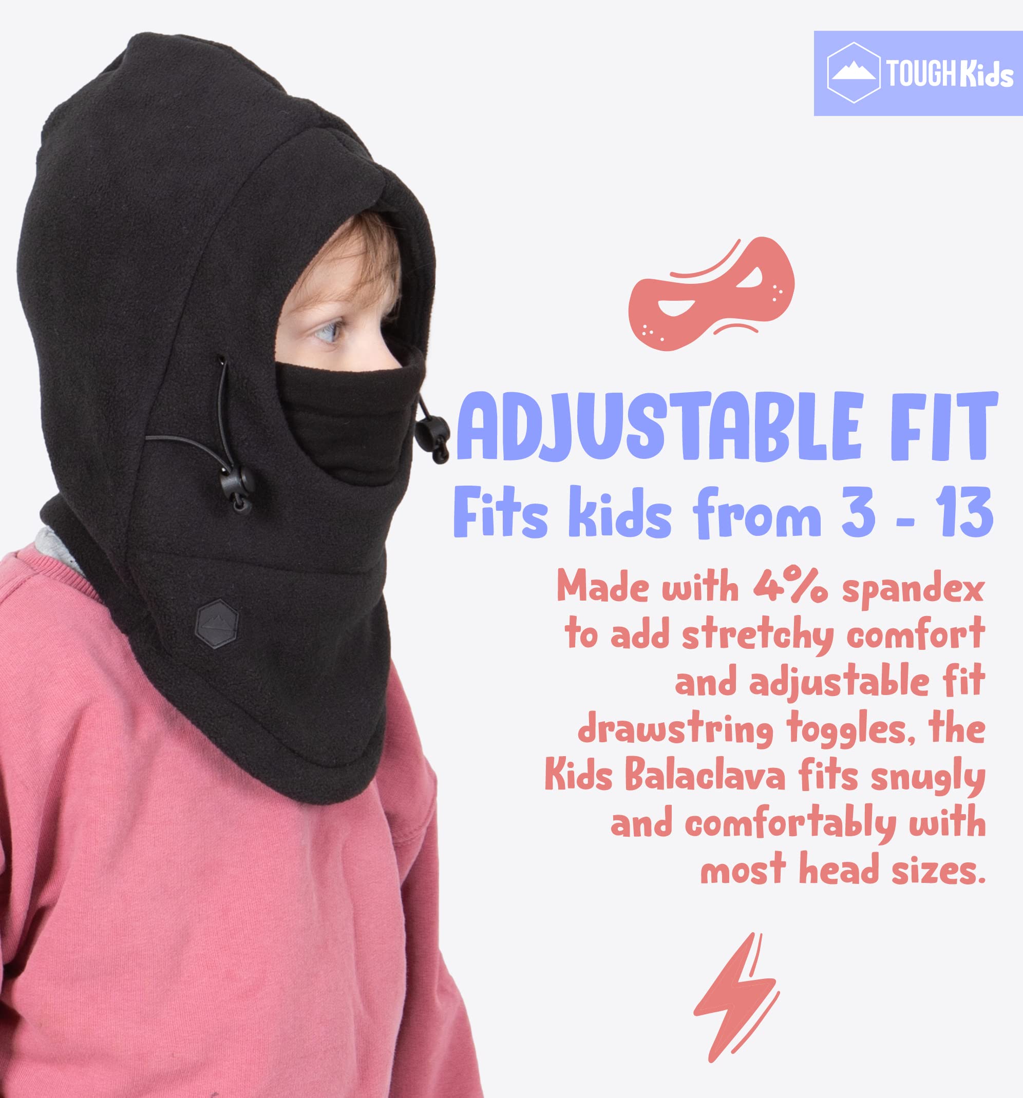 Tough Headwear Kids Winter Hat with Mask - Ski Mask for Kids - Ninja Kids Balaclava & Winter Face Mask for Kids w/Hood - Balaclava Black