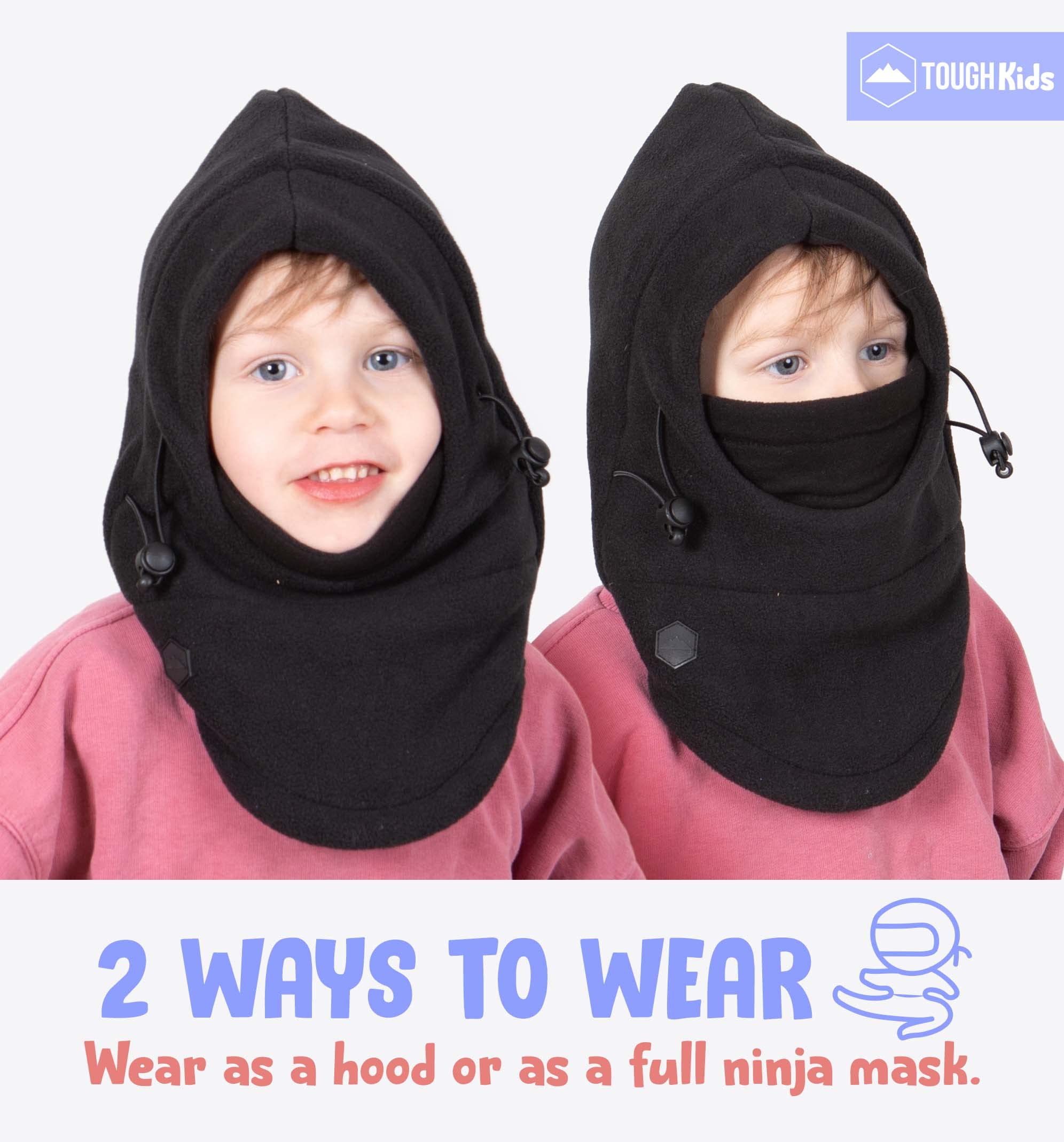 Tough Headwear Kids Winter Hat with Mask - Ski Mask for Kids - Ninja Kids Balaclava & Winter Face Mask for Kids w/Hood - Balaclava Black