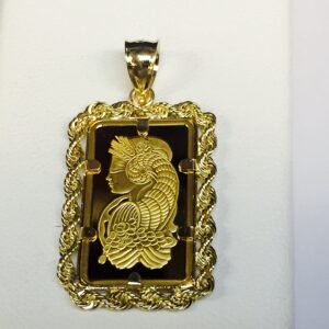 TEX 14k Yellow Gold Bullion Rope Pendant, 5gr Ingot Coin, Approx 1.2g