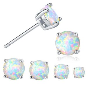 GEMSME 18K White Gold Plated 3/4/5/6mm Round Opal Stud Earrings Pack of 4