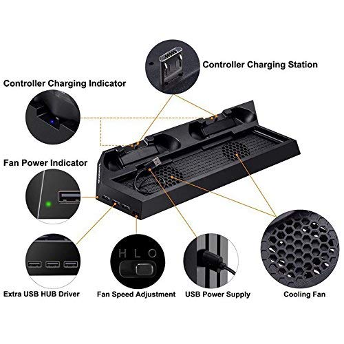 OSTENT Dual Controller Charger Cooling Fan USB Hub Vertical Stand for Sony PS4/Slim/Pro Console