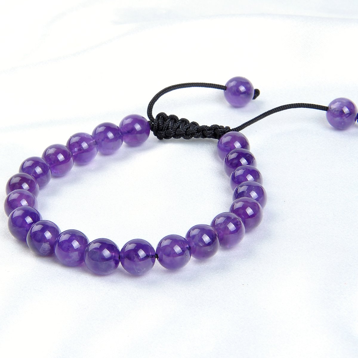 Massive Beads Natural Healing Power Gemstone Crystal Round Beads Unisex Adjustable Macrame Bracelets 8mm (Amethyst)