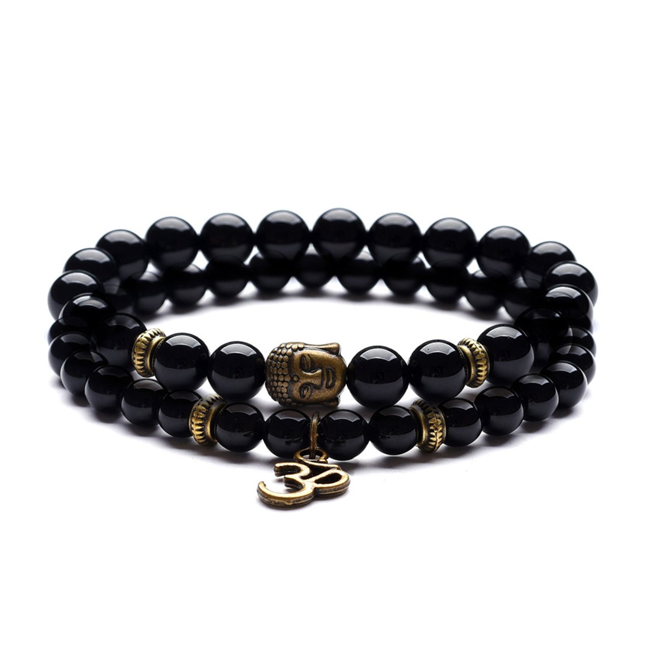 Domika Black Agate Beaded Bracelet Buddha Head & OM Buddhist Prayer Therapy Religious Stretch Bracelet Set