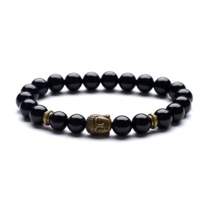 Domika Black Agate Beaded Bracelet Buddha Head & OM Buddhist Prayer Therapy Religious Stretch Bracelet Set