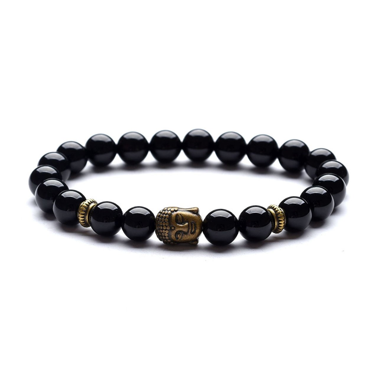 Domika Black Agate Beaded Bracelet Buddha Head & OM Buddhist Prayer Therapy Religious Stretch Bracelet Set