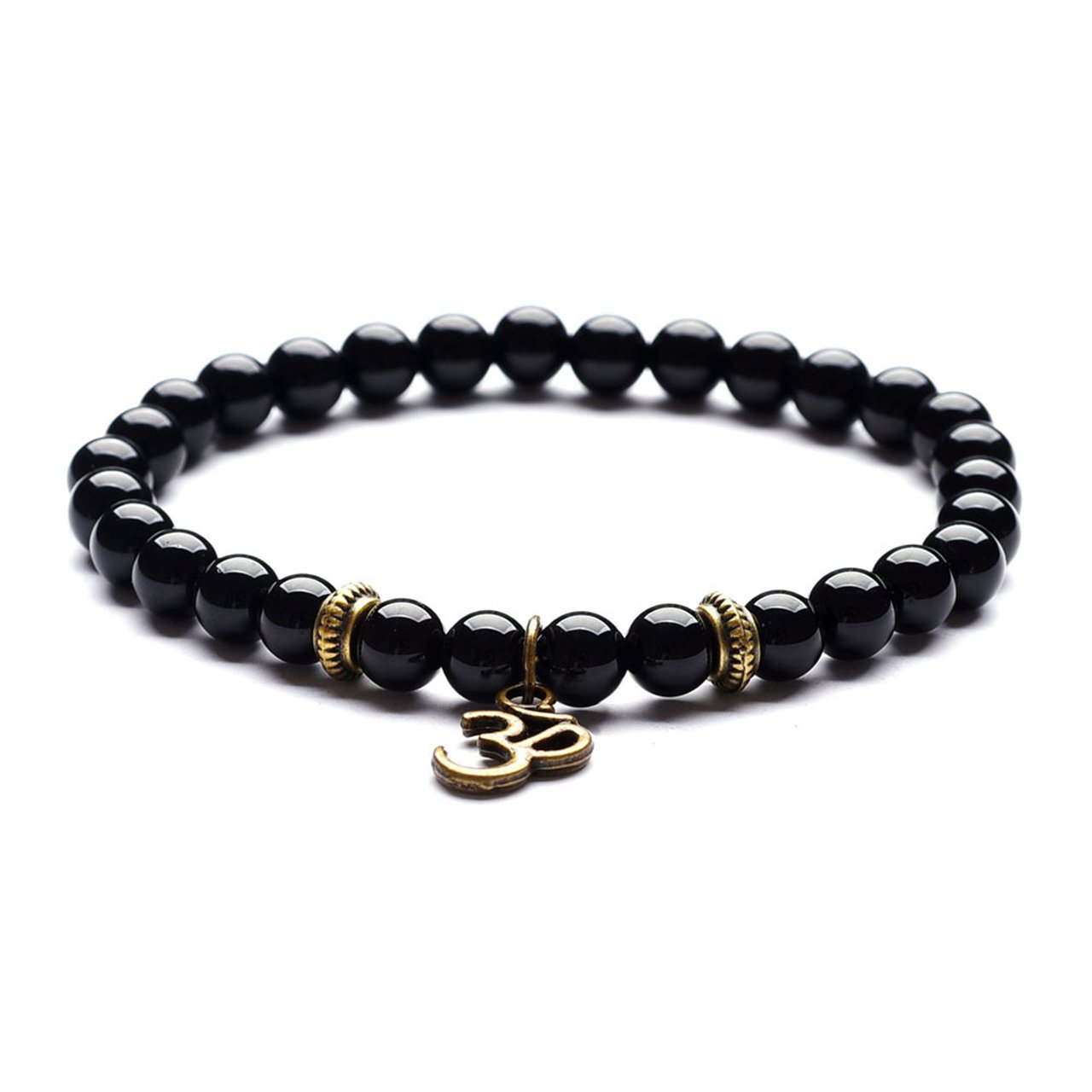 Domika Black Agate Beaded Bracelet Buddha Head & OM Buddhist Prayer Therapy Religious Stretch Bracelet Set